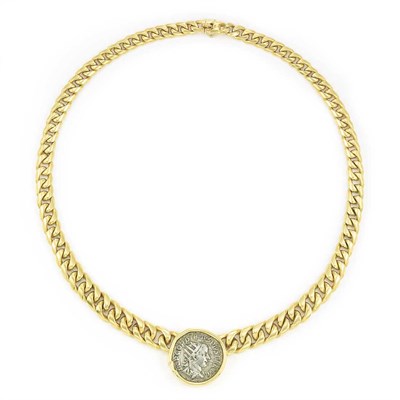 Lot 261 - Gold and Ancient Silver Coin Curb Link Chain Necklace, Bulgari