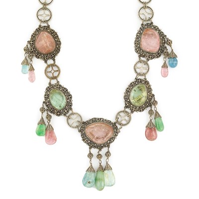Lot 469 - Silver-Plated Metal, Rose Quartz, Beryl & Jade Necklace and Two Pairs of Enamel and Amethyst Earclips