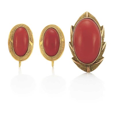 Lot 344 - Gold and Oxblood Coral Ring and Pair of Earclips