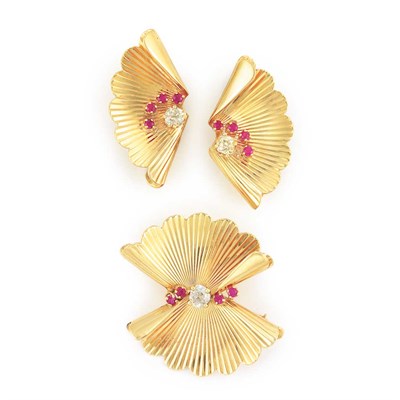 Lot 634 - Gold, Ruby and Diamond Fan Brooch and Pair of Earclips