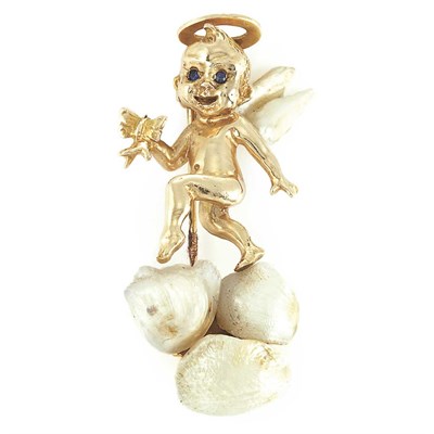 Lot 60 - Gold, Freshwater Pearl and Sapphire Cupid Brooch