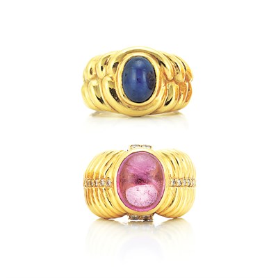 Lot 129 - Two Gold and Cabochon Colored Stone Rings