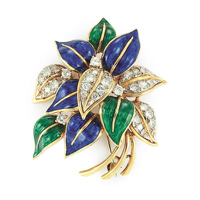 Lot 126 - Gold, Blue and Green Enamel and Diamond Leaf Clip-Brooch