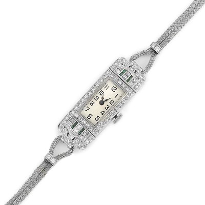 Lot 125 - Plaitnum, Diamond and Simulated Emerald Wristwatch with White Gold Strap
