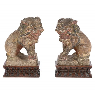 Lot 103 - Pair of Chinese Polychrome Painted Stone Lions...