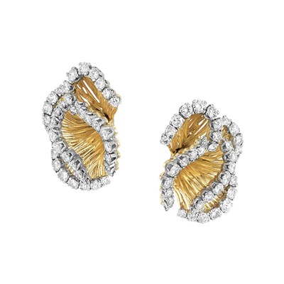 Lot 203 - Pair of Gold, Platinum and Diamond Earrings