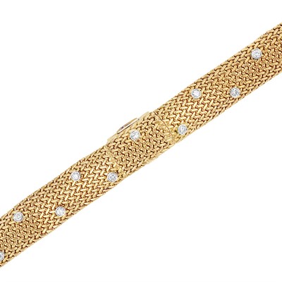 Lot 138 - Gold, Platinum and Diamond Mesh Bracelet-Watch