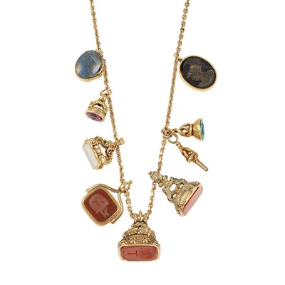 Lot 54 - Gold Chain Necklace with Antique Gold and Hardstone Fobs and Gold Chains