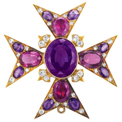 Lot 665 - Antique Gold, Amethyst, Foiled-Back Amethyst and Diamond Maltese Cross Pendant-Brooch
