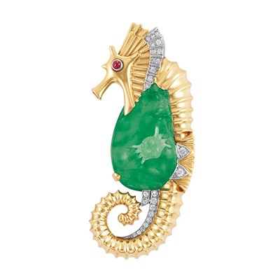 Lot 390 - Gold, Platinum, Diamond and Carved Jade Sea Dragon Clip-Brooch