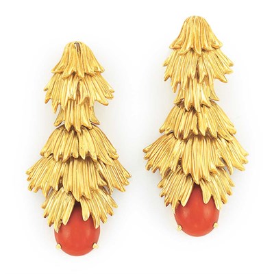 Lot 186 - Pair of Gold and Coral Pendant-Earrings