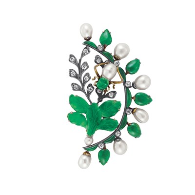 Lot 316 - Silver, Gold, Jade, Pearl and Diamond Brooch