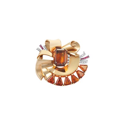 Lot 405 - Gold, Platinum, Citrine, Diamond and Ruby Clip