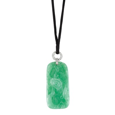 Lot 125 - Carved Jade and Diamond Pendant with Cord Necklace