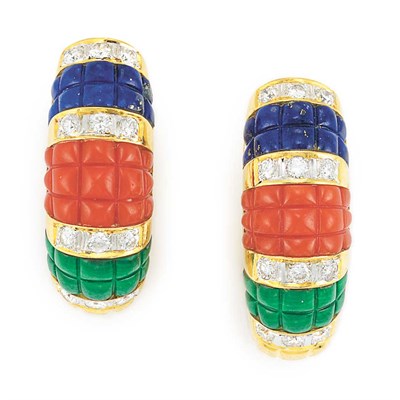 Lot 343 - Pair of Hardstone and Diamond Hoop Earrings