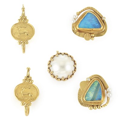 Lot 431 - Two Pairs of Gold and Gem-Set Earrings and Single Earclip