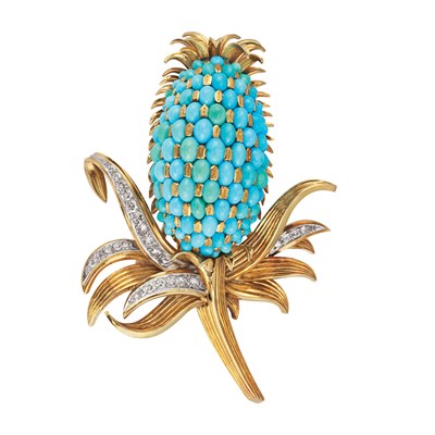 Lot 345 - Gold, Platinum, Turquoise and Diamond Thistle Clip-Brooch, Tiffany & Co.