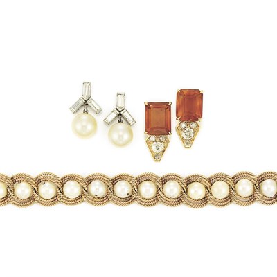 Lot 537 - Group of Cultured Pearl Jewelry and Pair of Citrine and Diamond Earrings
