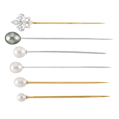 Lot 15 - Diamond Stickpin and Five Pearl Stickpins