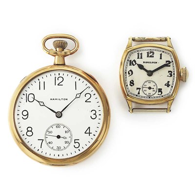 Lot 457 - Gold Open Face Pocket Watch and Watch, Hamilton