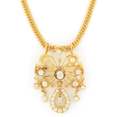 Lot 95 - Gold and Diamond Pendant-Brooch with Chain