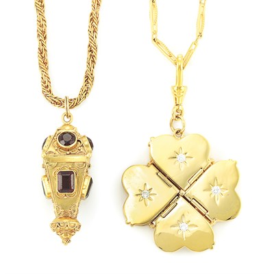 Lot 819 - Two Gold, Garnet and Diamond Pendant-Necklaces