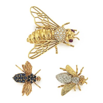 Lot 88 - Three Gold, Diamond and Gem-Set Insect Pins