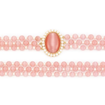 Lot 746 - Triple Strand Peruvian Pink Opal Bead and Cultured Pearl Necklace