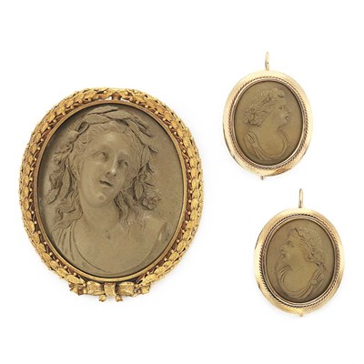 Lot 641 - Antique Gold and Lava Cameo Brooch and Pair of Earrings
