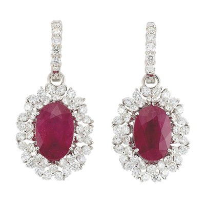 Lot 486 - Pair of White Gold, Ruby and Diamond Pendant-Earrings
