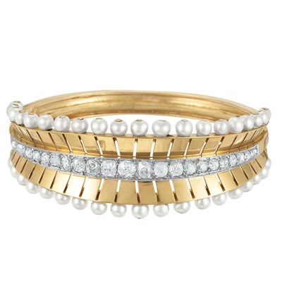 Lot 36 - Gold, Platinum, Diamond and Cultured Pearl Bangle Bracelet