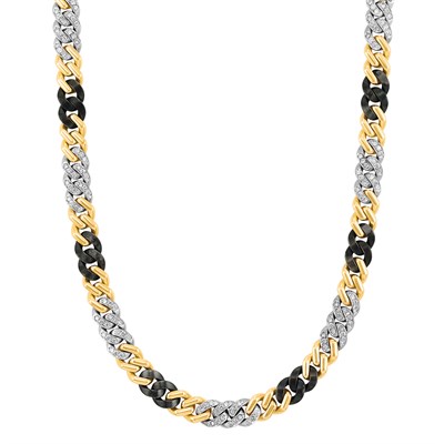 Lot 363 - Long Two-Color Gold, Oxidized Steel and Diamond Curb Link Chain Necklace, Bulgari