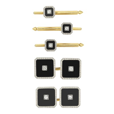 Lot 817 - Platinum, Gold, Black Onyx and Diamond Dress Set