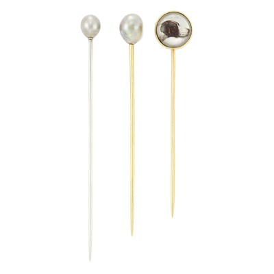 Lot 656 - Two Gray Pearl Stickpins and Reverse Crystal Intaglio Stickpin