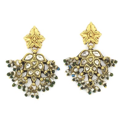 Lot 814 - Pair of Indian Gold, Foiled-Back White Sapphire, Pearl and Enamel Pendant-Earrings