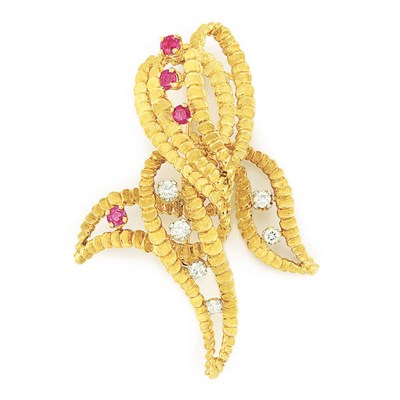 Lot 700 - Gold, Diamond and Ruby Ribbon Brooch