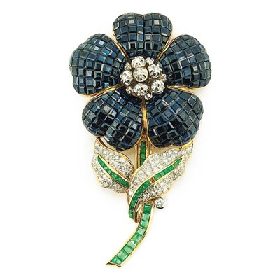 Lot 733 - Invisibly-Set Sapphire, Diamond and Emerald Flower Brooch