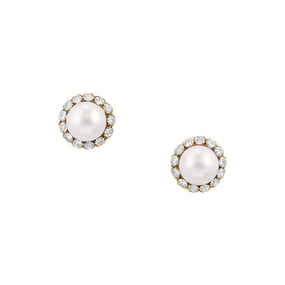 Lot 477 - Pair of Gold, Cultured Pearl and Diamond Earclips