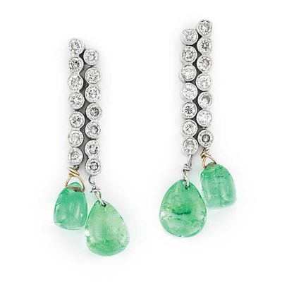 Lot 326 - Pair of White Gold, Diamond and Emerald Bead Pendant-Earrings