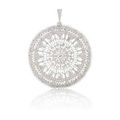 Lot 610 - White Gold, Diamond and Seed Pearl Filigree Pendant