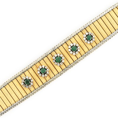 Lot 597 - Two-Color Gold, Cabochon Emerald and Diamond Bracelet