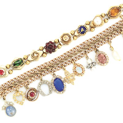 Lot 822 - Gold, Gem-Set and Diamond Charm Bracelet and Ornament Bracelet