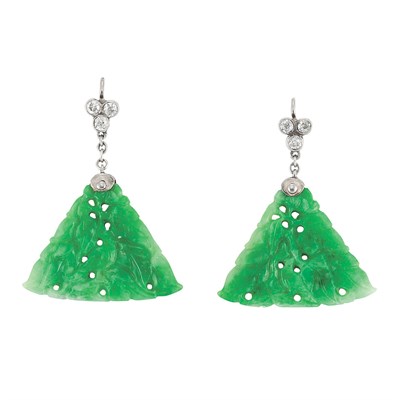 Lot 79 - Pair of Carved Jade and Diamond Pendant-Earrings