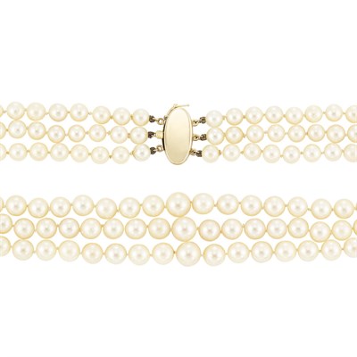 Lot 858 - Triple Strand Cultured Pearl Necklace with Gold Clasp