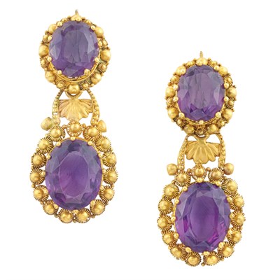 Lot 664 - Pair of Antique Gold and Amethyst Pendant-Earrings