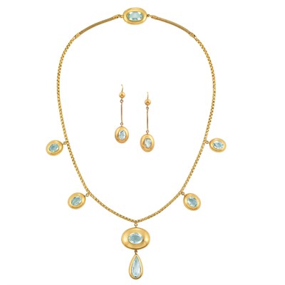 Lot 644 - Antique Gold and Aquamarine Pendant-Necklace and Pair of Pendant-Earrings