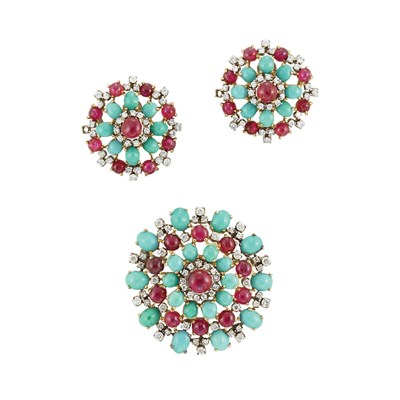 Lot 341 - Turquoise, Cabochon Ruby and Diamond Brooch and Pair of Earclips