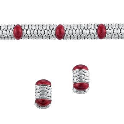 Lot 4 - White Gold and Red Enamel Bracelet and Pair of Hoop Earclips