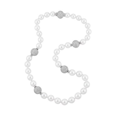 Lot 441 - Cultured Pearl, White Gold and Diamond Necklace