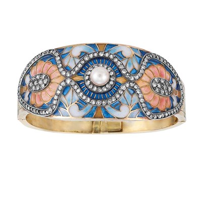 Lot 221 - Gold, Silver, Plique-a-Jour Enamel, Diamond and Pearl Bangle Bracelet
